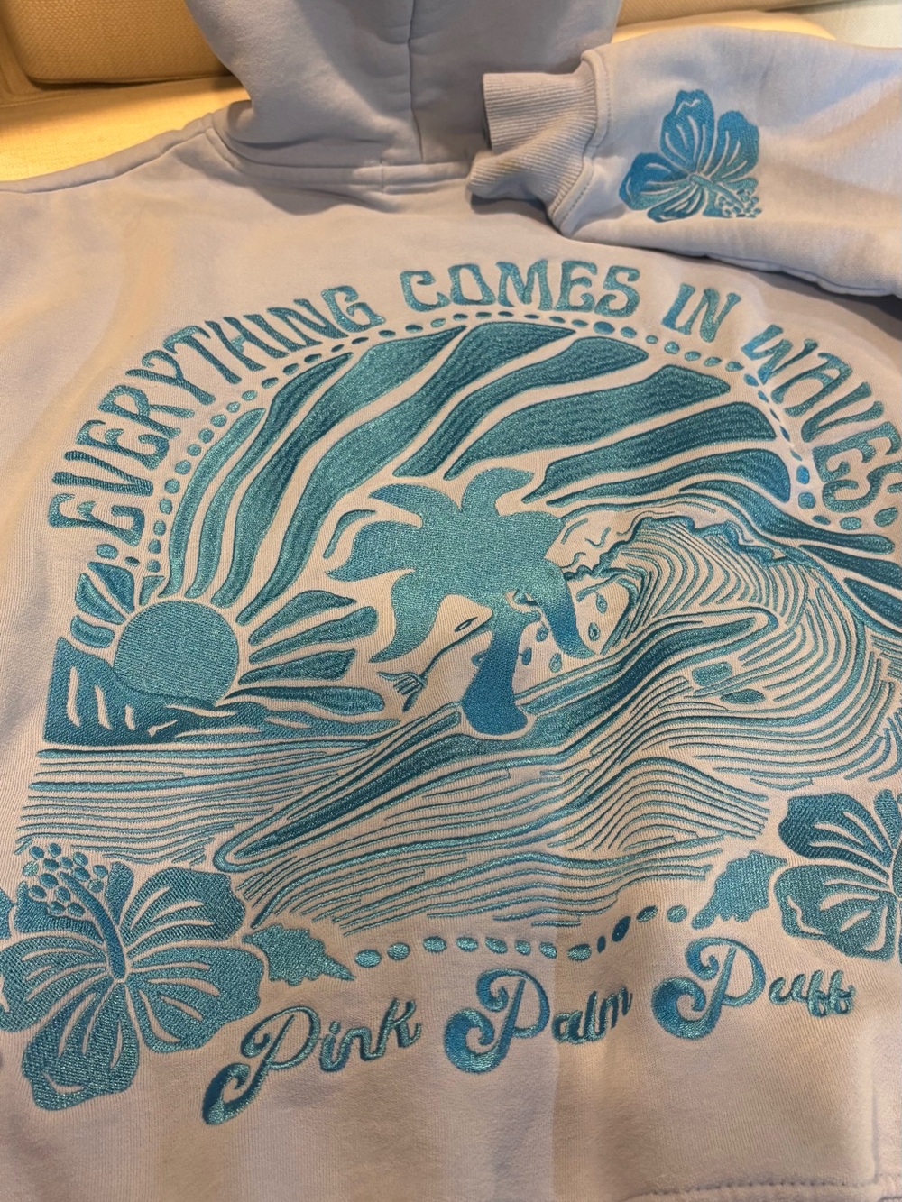 Pink Palm Puff 'Everything Comes in Waves' Light Blue Hoodie